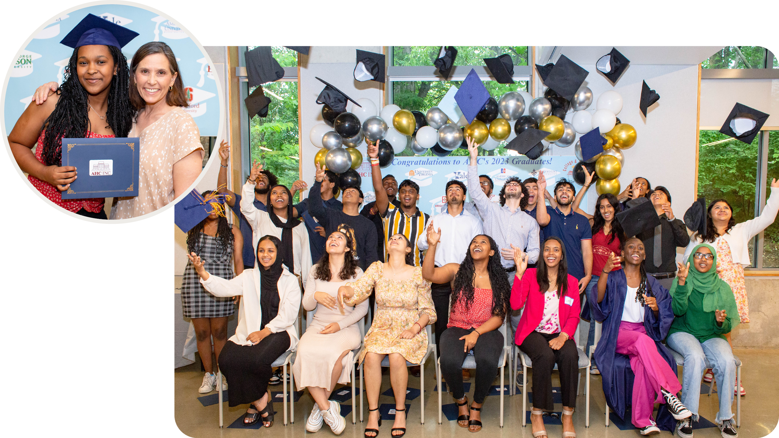Two images overlapping. The first is a circle-cropped image of a student in a graduation cap and holding a certificate with her mentor. The other is a rounded rectangle image of a group of high school seniors throwing their caps at a graduation celebration.