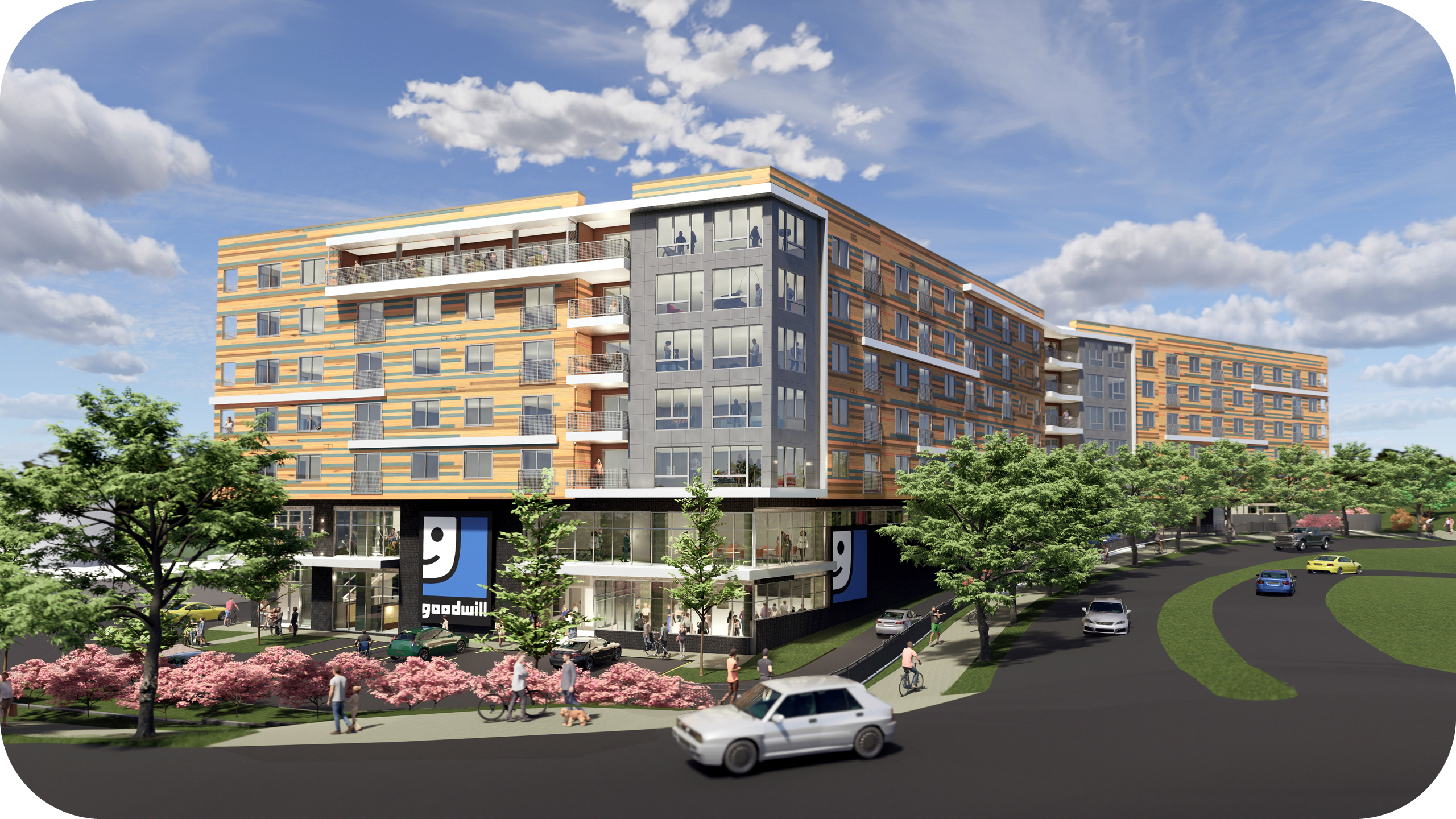 Rendering of the proposed project with Goodwill and AHC featuring an affordable housing building, retail store, and green space.